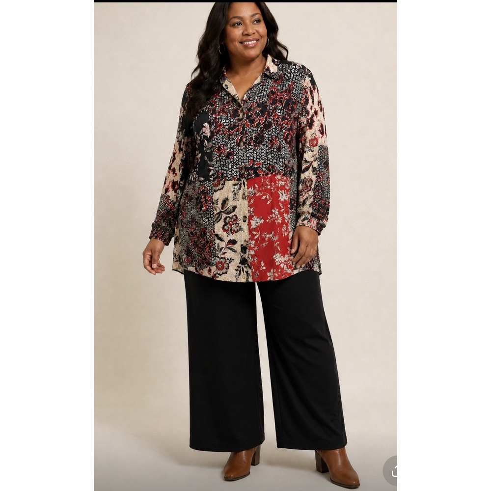 Multiples Tunic Shirt Mixed Floral Print XL Button Up Longline Art To Wear Boho
